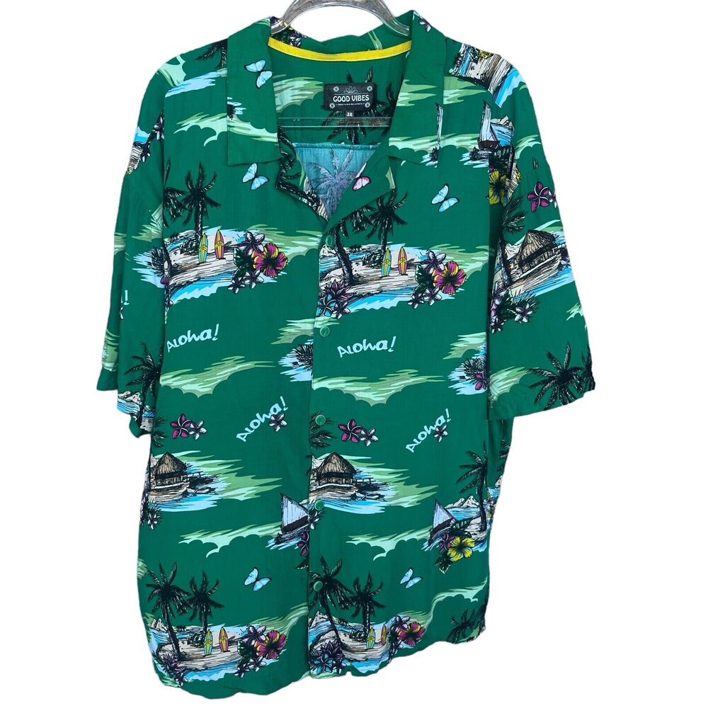 Good Vibes Hawaiian‎ Shirt Mens 3X Floral Tropical Surf Button Up Luau Vacation